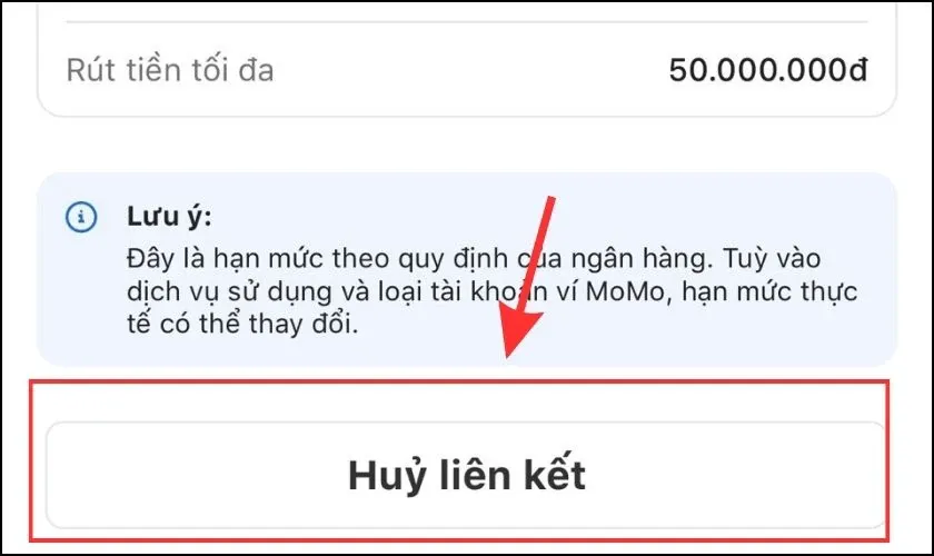 alt text: Nút Hủy liên kết trên ứng dụng Momo