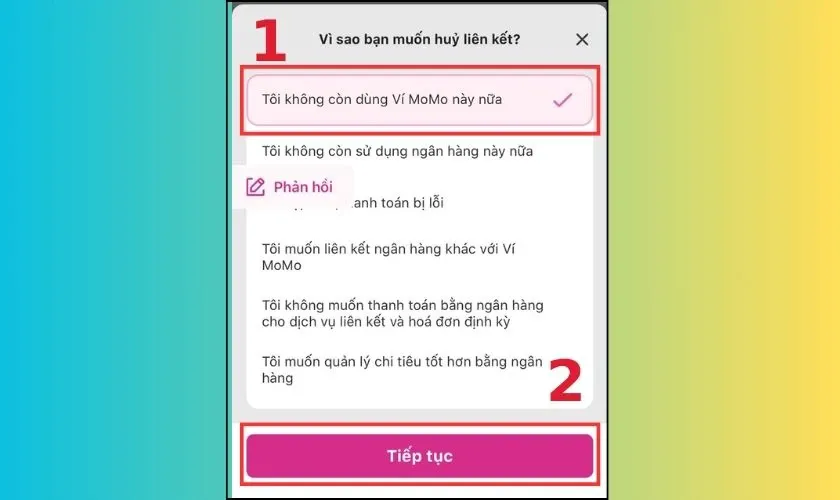 alt text: Chọn lý do hủy liên kết trên Momo