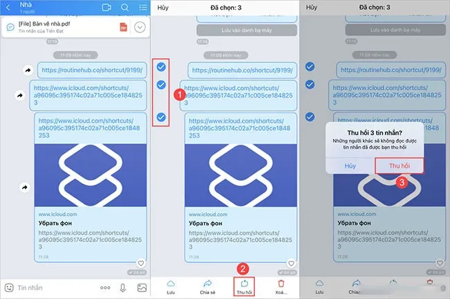 Nếu muốn thu hồi nhiều tin nhắn cùng lúc bạn chỉ cần chọn tin nhắn và thực hiện tương tự
