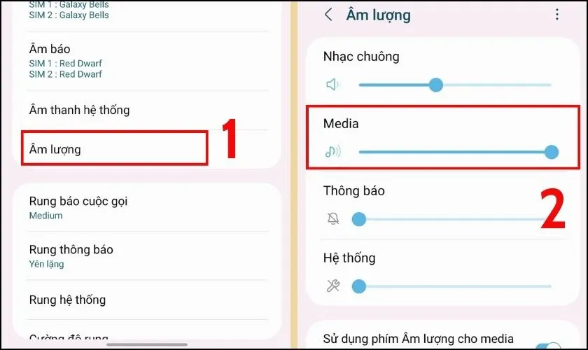 Chọn mức Âm lượng và kéo chỉnh âm thanh tại mức Media