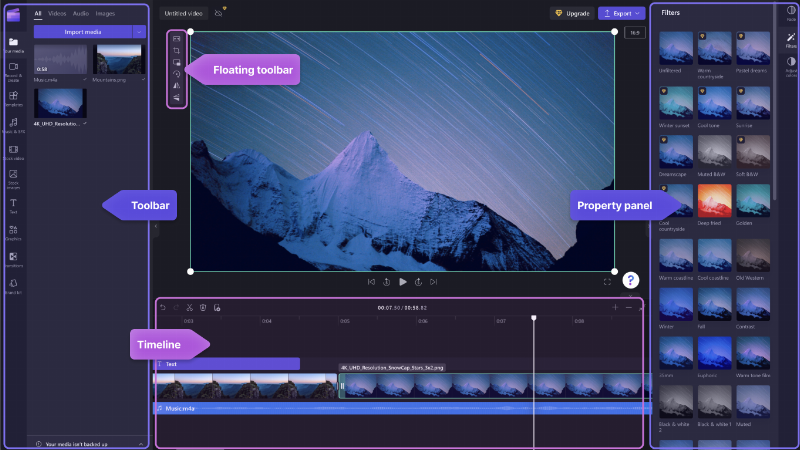Thao tác cắt và tách video trên giao diện timeline trực quan của phần mềm Clipchamp.