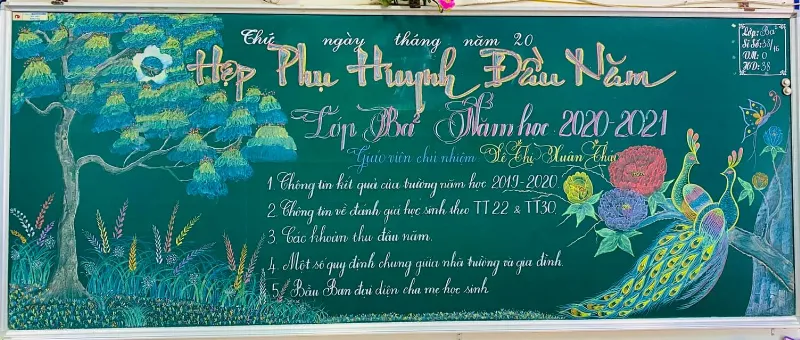 Mẫu trang trí bảng họp phụ huynh với hoa và chim