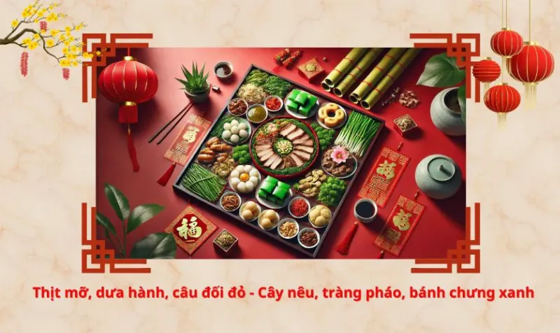 Alt: Hình ảnh bánh chưng xanh, dưa hành và câu đối đỏ - những hình ảnh đặc trưng của ngày Tết Việt Nam