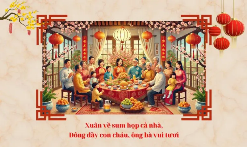 Alt: Hình ảnh gia đình sum họp ngày Tết, cùng nhau nâng ly chúc mừng năm mới