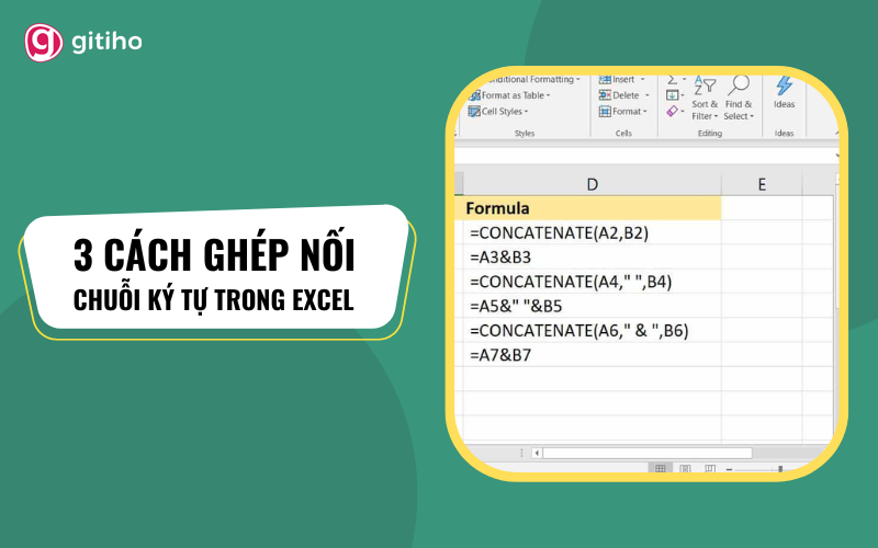 Cách nối chuỗi họ tên trong Excel bằng các hàm thông dụng như &, CONCATENATE, và TEXTJOIN, hiển thị kết quả sau khi nối
